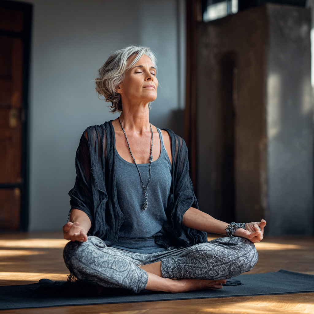 mature woman practicing meditation in peaceful yoga studio