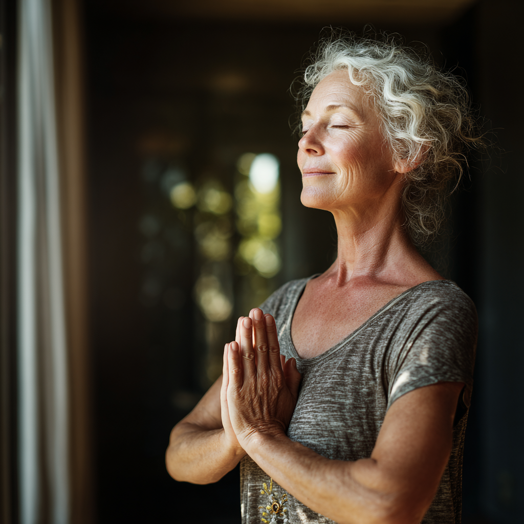 senior woman practicing gentle yoga poses in natural lighting